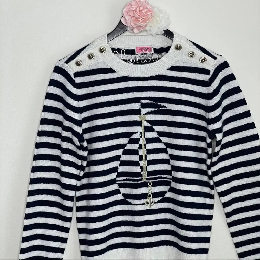 KATE SPADE Navy Striped Sail Boat Sweater MEDIUM